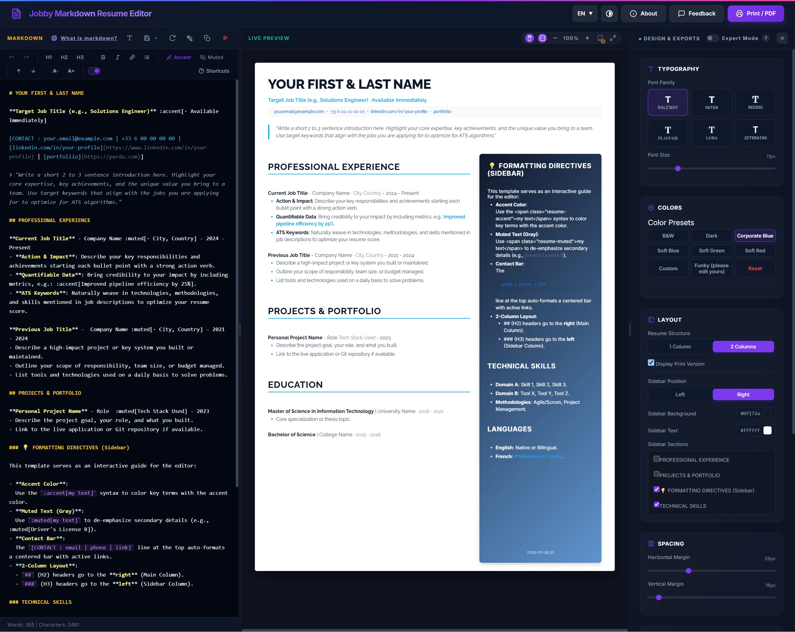 Interface bureau de Jobby 1. MD ; 2 rendu PDF, 3 configuration ; 4 impression